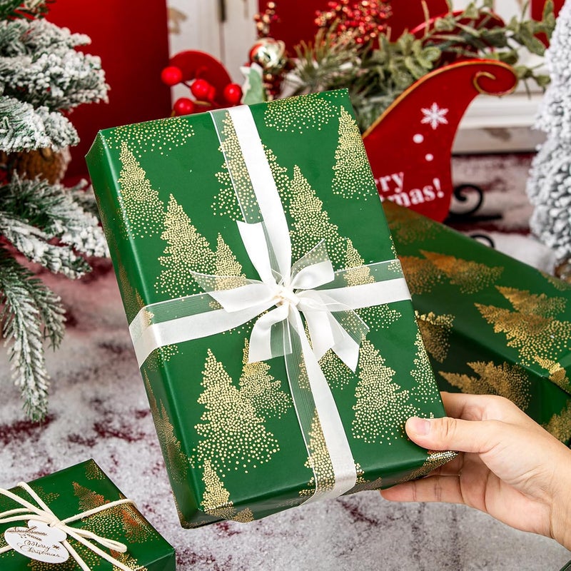 MAYPLUSS Christmas Wrapping Paper Roll, Green and Gold Tree Wrapping Paper, Gold Foil Christmas Tree Design Winter Holiday Gift Wrap Neutral for Gift Packaging, Festive Decoration (17 Inch X 33 Feet) - Image 4